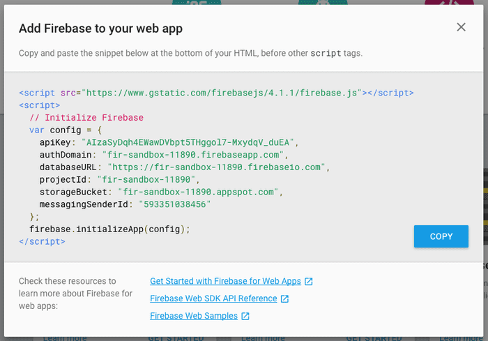 “Add Firebase to your web app” prompt in the Firebase console